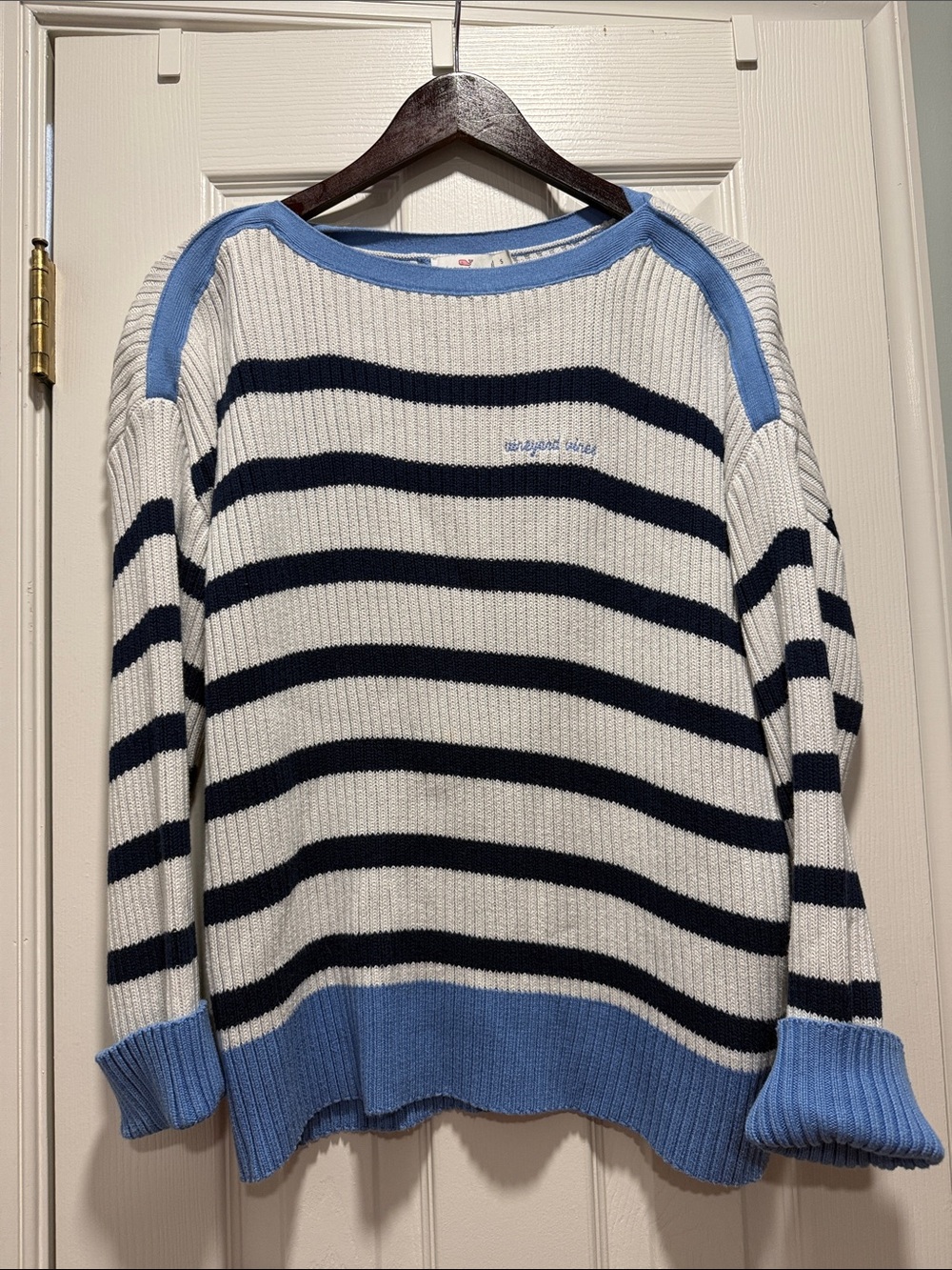 Vineyard Vines White, Navy & Light Blue Striped Crewneck Sweater